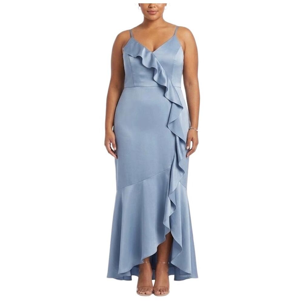 DKNY Blue Evening Gown Satin Ruffled Sleeveless High Low Formal Dress Size 16